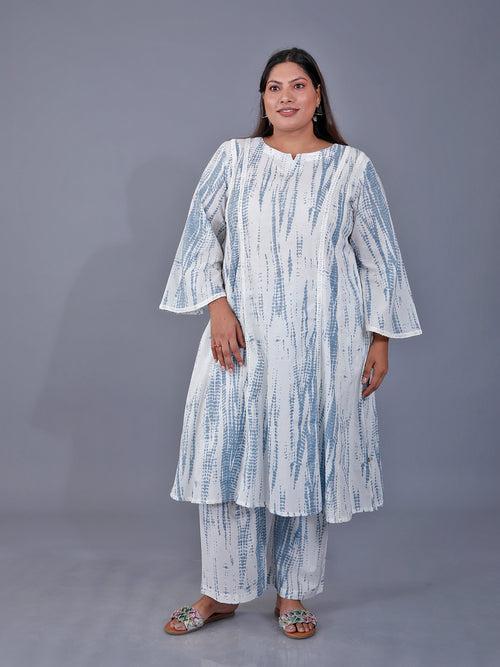 Fabnest  Curve Set Of Grey Shibori Printed Kali Kurta Paired With Loose Fit Straight Pants