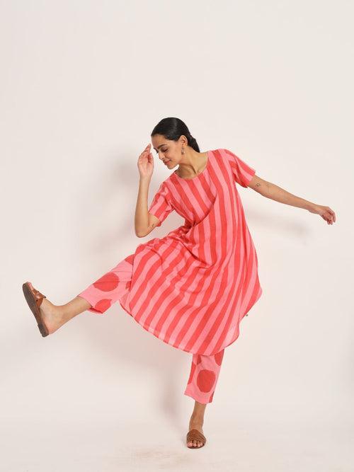 Assymetrical co-ord set in red and pink stripe cotton blend