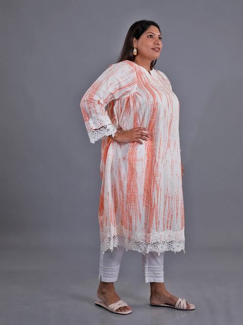 Fabnest Curve Orange Shibori Print Loose Fit Kurta Only With Pleats On The Sides Detailed With A Broad Lace At The Bottom Hem And Sleeve