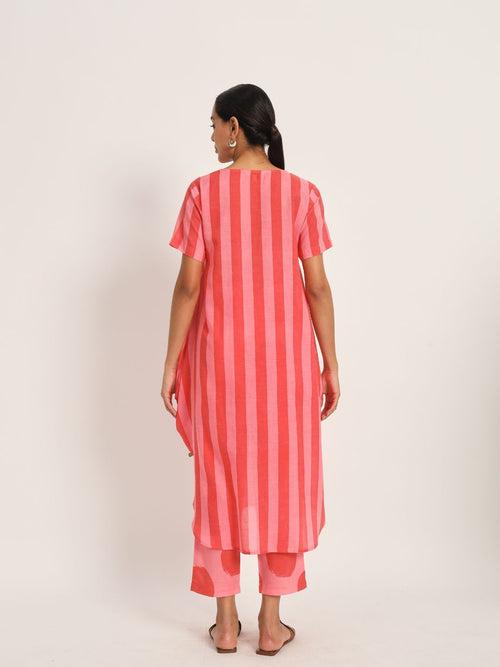 Assymetrical co-ord set in red and pink stripe cotton blend