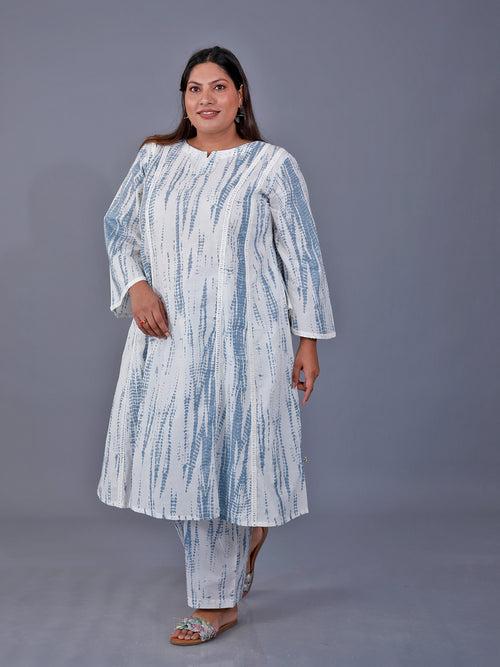 Fabnest  Curve Set Of Grey Shibori Printed Kali Kurta Paired With Loose Fit Straight Pants