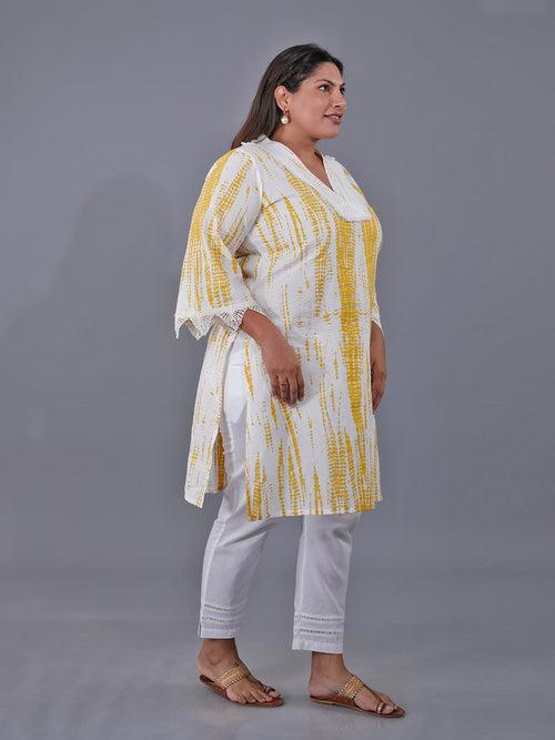 Fabnest Curve Set Of Yellow Shibori Printed Straight Cotton Kurta With Lace At Neck And Sleeve Hem And White Cotton Straight Pants With Lace Inserts