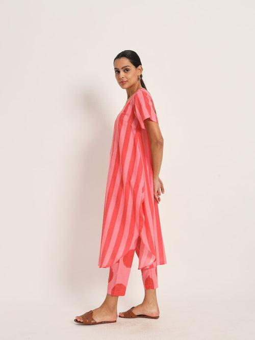 Assymetrical co-ord set in red and pink stripe cotton blend