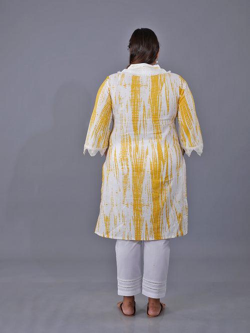 Fabnest Curve Set Of Yellow Shibori Printed Straight Cotton Kurta With Lace At Neck And Sleeve Hem And White Cotton Straight Pants With Lace Inserts