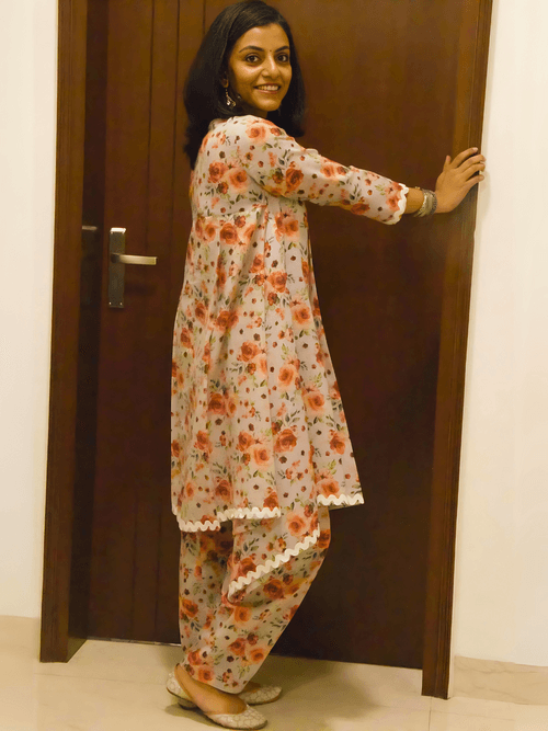 Digital printed assymetrical kurta with salwar