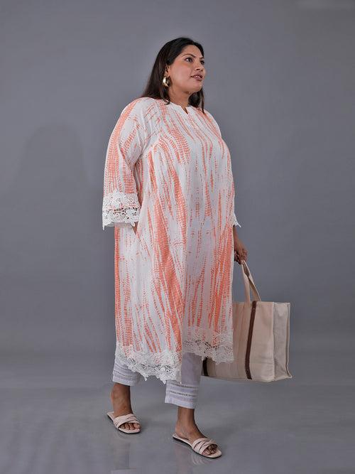 Fabnest Curve Orange Shibori Print Loose Fit Kurta Only With Pleats On The Sides Detailed With A Broad Lace At The Bottom Hem And Sleeve