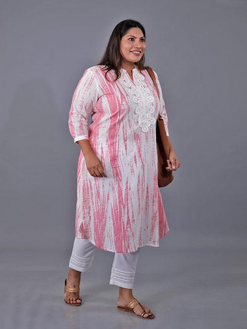 Fabnest Curve Cotton Pink Shibori Printed Straight Kurta Only With Lace At Front Placket