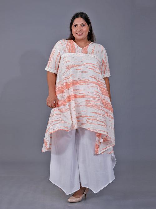 Fabnest Curve Set Of Orange Shibori Printed Asymmetric Kurta With Lace Detailing With Asymmetrical White Cotton Bottom