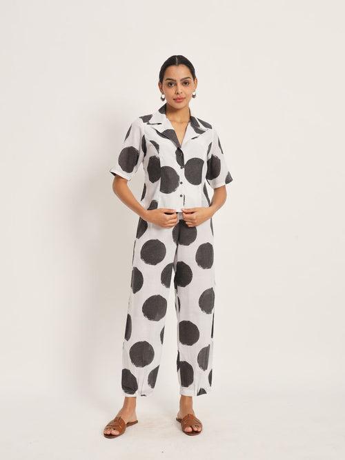 Collared co-ord set in white and black polka.