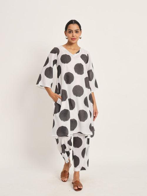 Black and white polka A line kurta and pleated salwar coord set