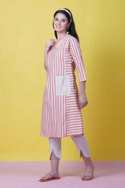 Orange Stripe Kurta With A Lace Pocket And Harem Pant Full Sets