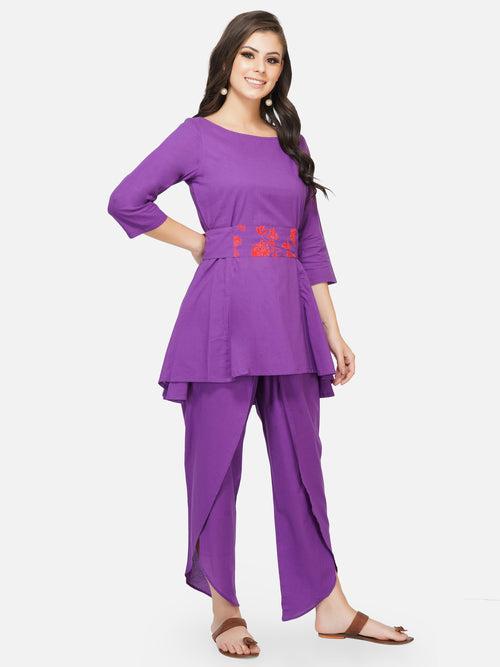 Cotton purple peplum tunic with a printed tie up paired with overlapping dhoti style pants