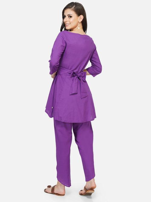 Cotton purple peplum tunic with a printed tie up paired with overlapping dhoti style pants