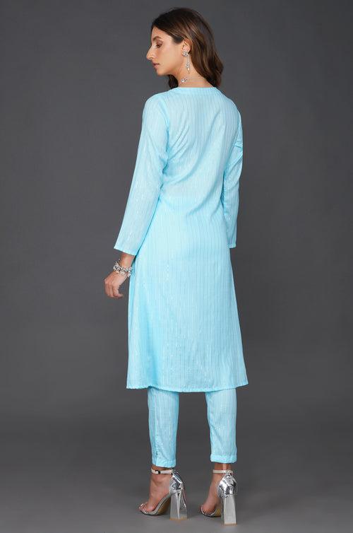 Sky blue cotton linen lurex angrakha and coordinated straight pants with pockets