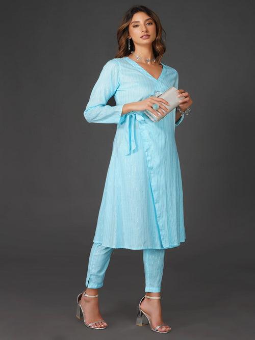 Sky blue cotton linen lurex angrakha and coordinated straight pants with pockets