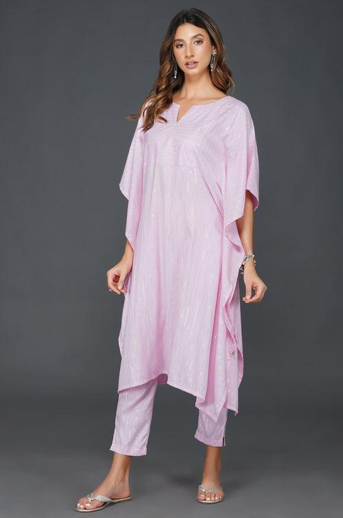 Cotton linen lurex candy pink kaftaan and coordianted straight pants with pockets