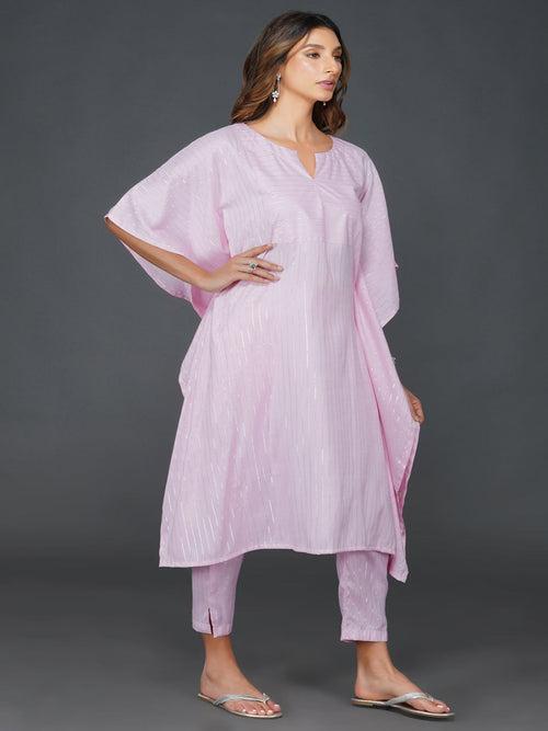 Cotton linen lurex candy pink kaftaan and coordianted straight pants with pockets