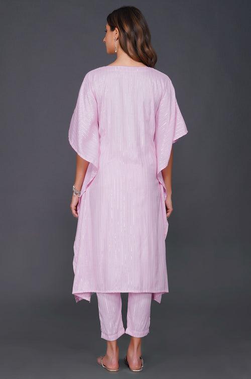 Cotton linen lurex candy pink kaftaan and coordianted straight pants with pockets