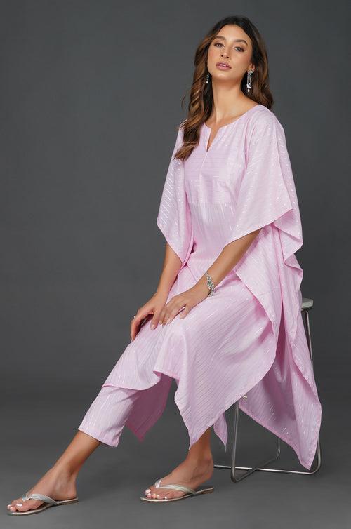 Cotton linen lurex candy pink kaftaan and coordianted straight pants with pockets