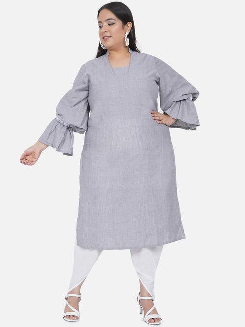 Curve Chambray Straight Balloon Sleeves Kurta With Dhoti Salwar Set