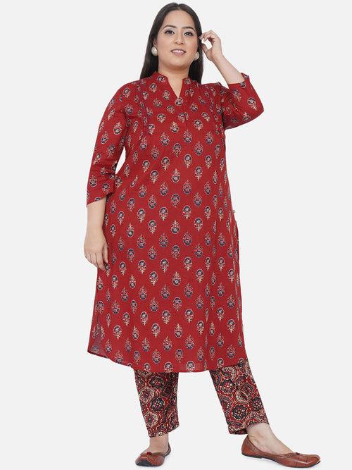 Curve 2 Pc Set Of Cotton Red Ajrakh Print Kurta With Pintucks And U-Shaped Bottom And Cotton Red Ajrakh Print Pants With Pleated Bottom