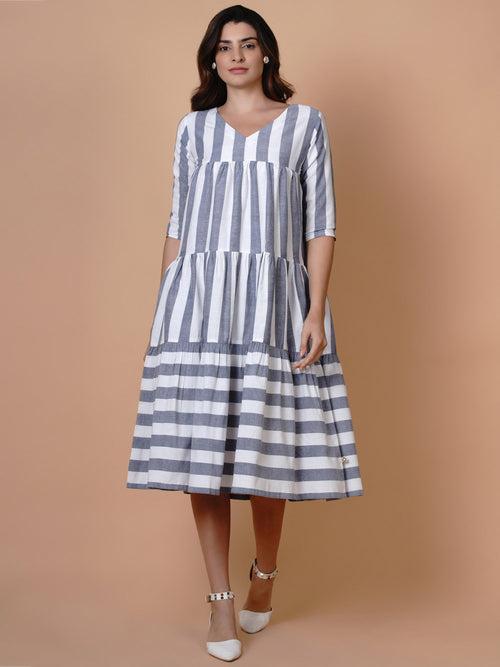 Fabnest White and blue stripe v neck tiered dress