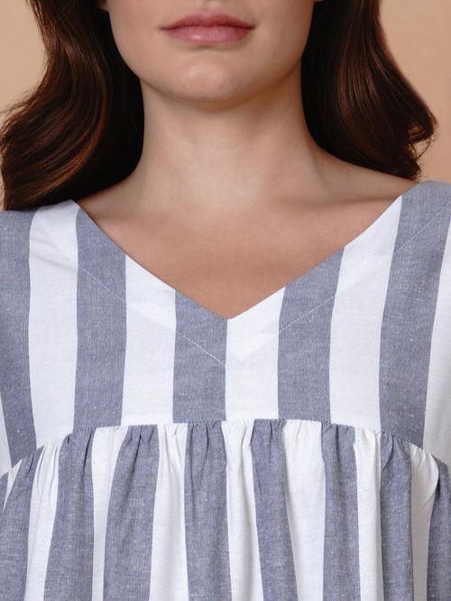 Fabnest White and blue stripe v neck tiered dress