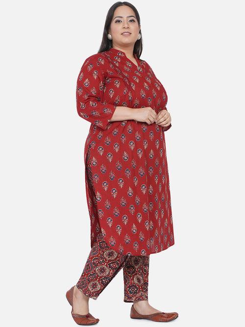 Curve 2 Pc Set Of Cotton Red Ajrakh Print Kurta With Pintucks And U-Shaped Bottom And Cotton Red Ajrakh Print Pants With Pleated Bottom