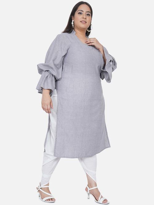 Curve Chambray Straight Balloon Sleeves Kurta With Dhoti Salwar Set