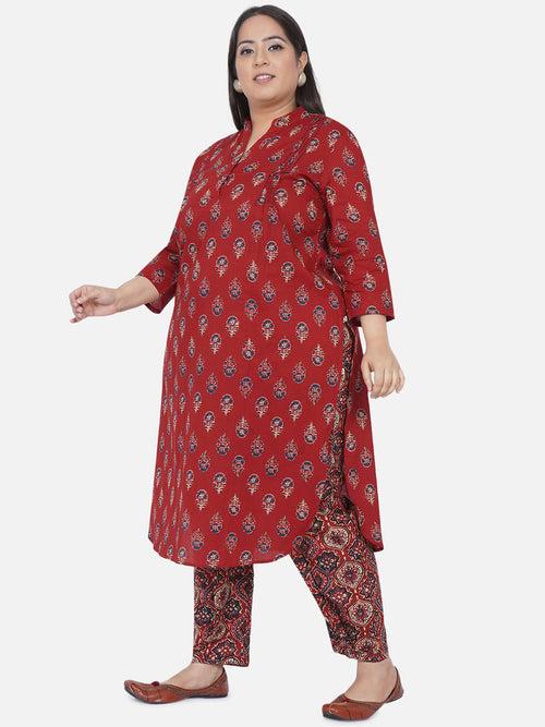 Curve 2 Pc Set Of Cotton Red Ajrakh Print Kurta With Pintucks And U-Shaped Bottom And Cotton Red Ajrakh Print Pants With Pleated Bottom