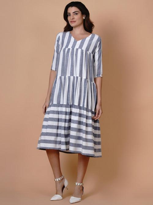 Fabnest White and blue stripe v neck tiered dress