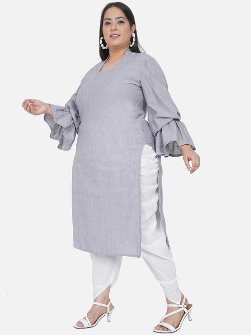 Curve Chambray Straight Balloon Sleeves Kurta With Dhoti Salwar Set