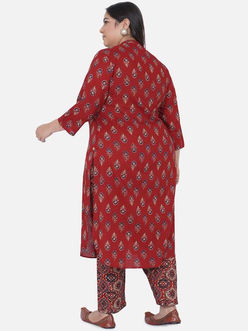 Curve 2 Pc Set Of Cotton Red Ajrakh Print Kurta With Pintucks And U-Shaped Bottom And Cotton Red Ajrakh Print Pants With Pleated Bottom