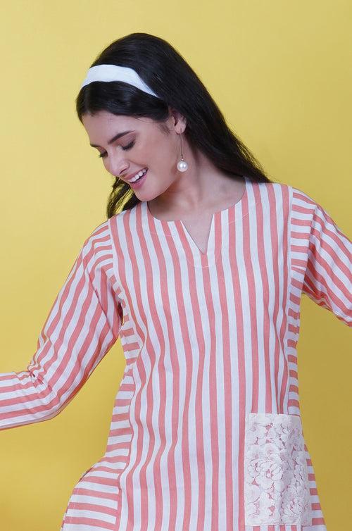 Orange Stripe With A Lace Pocket kurta ONLY