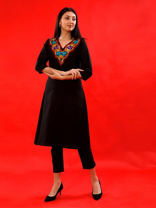 Black flex with V-neck embellished with aari embroidery lace kurta and pant set