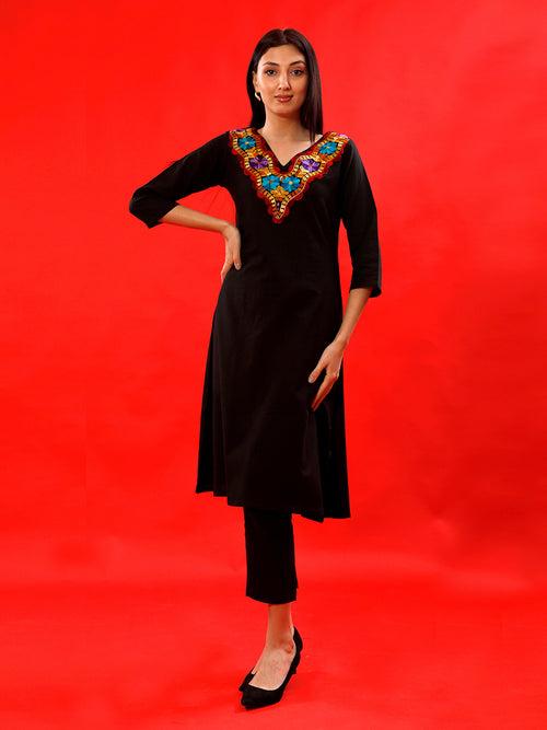 Black flex with V-neck embellished with aari embroidery lace kurta and pant set