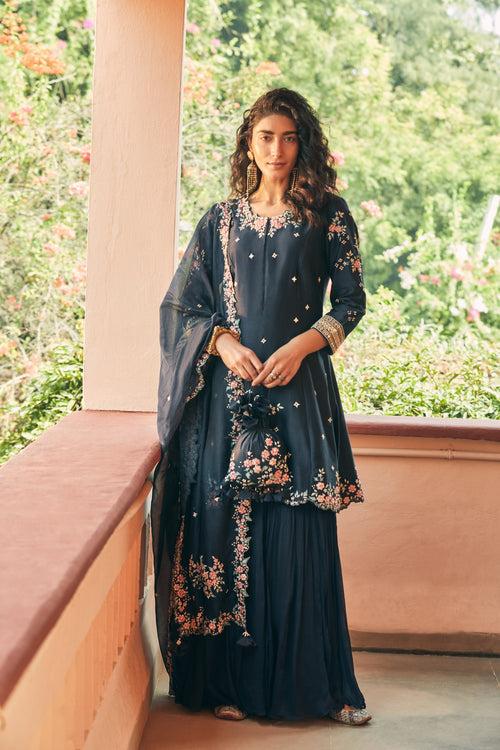 Nawabi Blue Pushpanjali Cut Work  Sharara Set With Dhara Dupatta