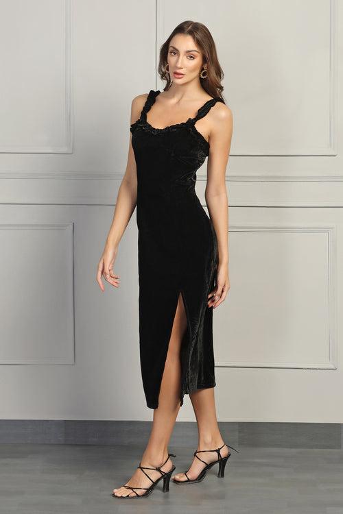 Velvet Frill Dress - Black
