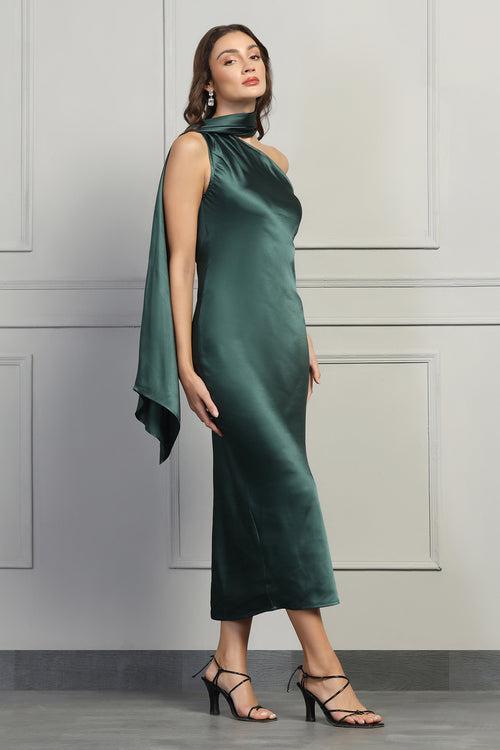 Dreamy Drapes Satin Dress - Forest Green