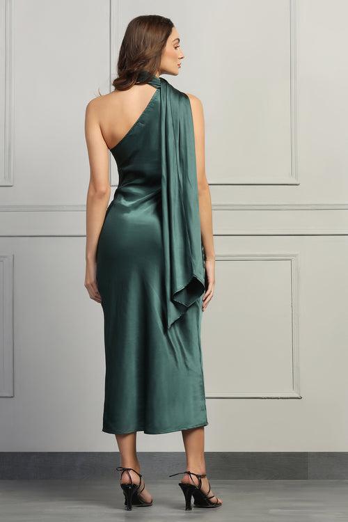 Dreamy Drapes Satin Dress - Forest Green