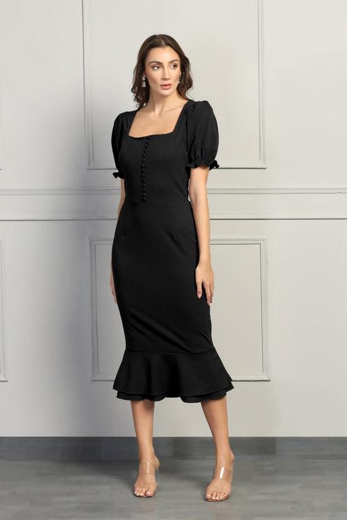 Black Puff Sleeves Dress with Button Detailing