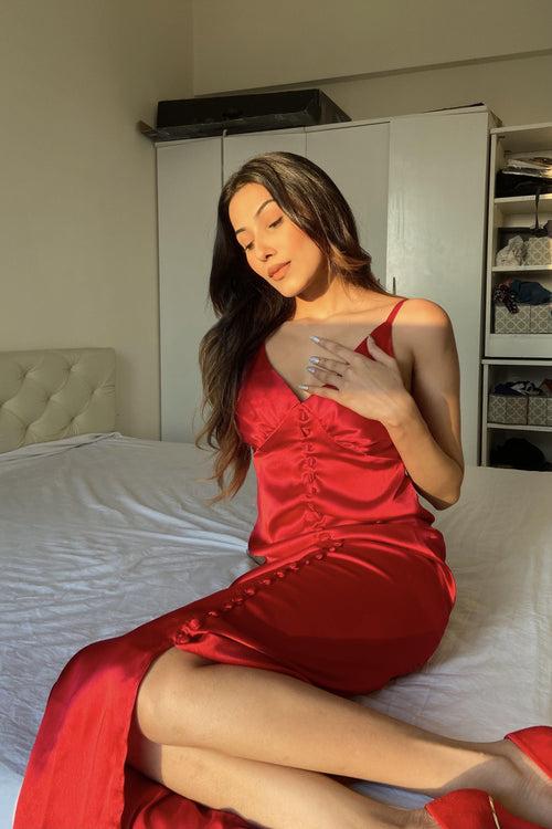 Buttoned Satin Dress - Red