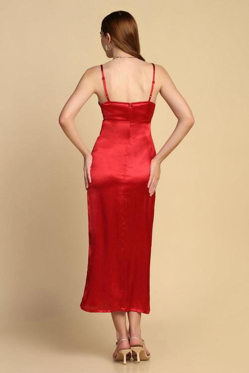 Buttoned Satin Dress - Red