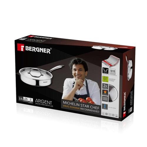 Bergner Argent Tri-Ply 22 cm Sautepan with Stainless Steel Lid | Gas & Induction Compatible | Silver