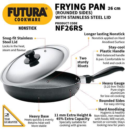 Hawkins Futura Nonstick 26 cm Rounded Sides Frying Pan with Stainless Steel Lid | Black