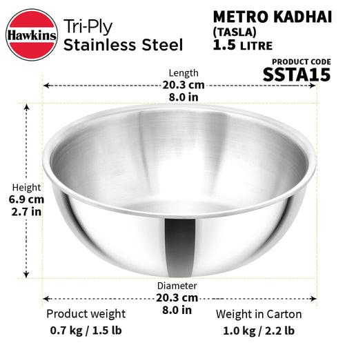 Hawkins Triply Stainless Steel Metro Kadhai | Gas & Induction Compatible | Silver | 1 Pc