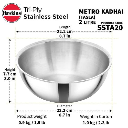 Hawkins Triply Stainless Steel Metro Kadhai | Gas & Induction Compatible | Silver | 1 Pc