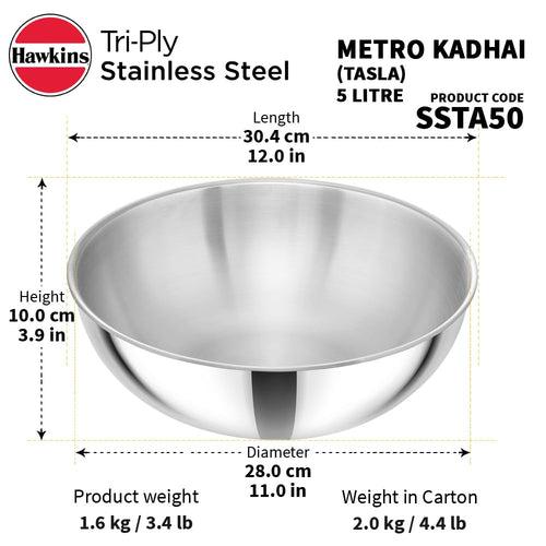 Hawkins Triply Stainless Steel Metro Kadhai | Gas & Induction Compatible | Silver | 1 Pc