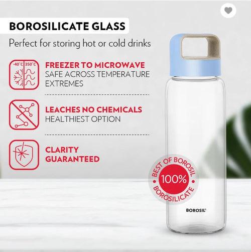 Borosil Crysto Wide 750 ML Borosilicate Glass Bottle with Blue Lid | Transparent | 1 Pc