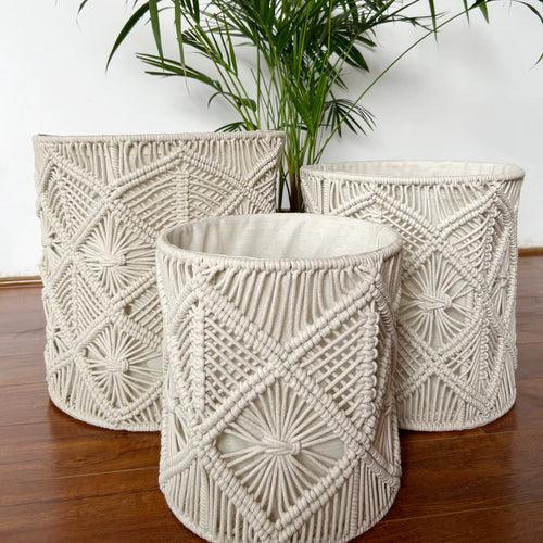 Cotton Round Macrame Set of 3 Storage Baskets Handmade Woven Boho Decor (Beige)